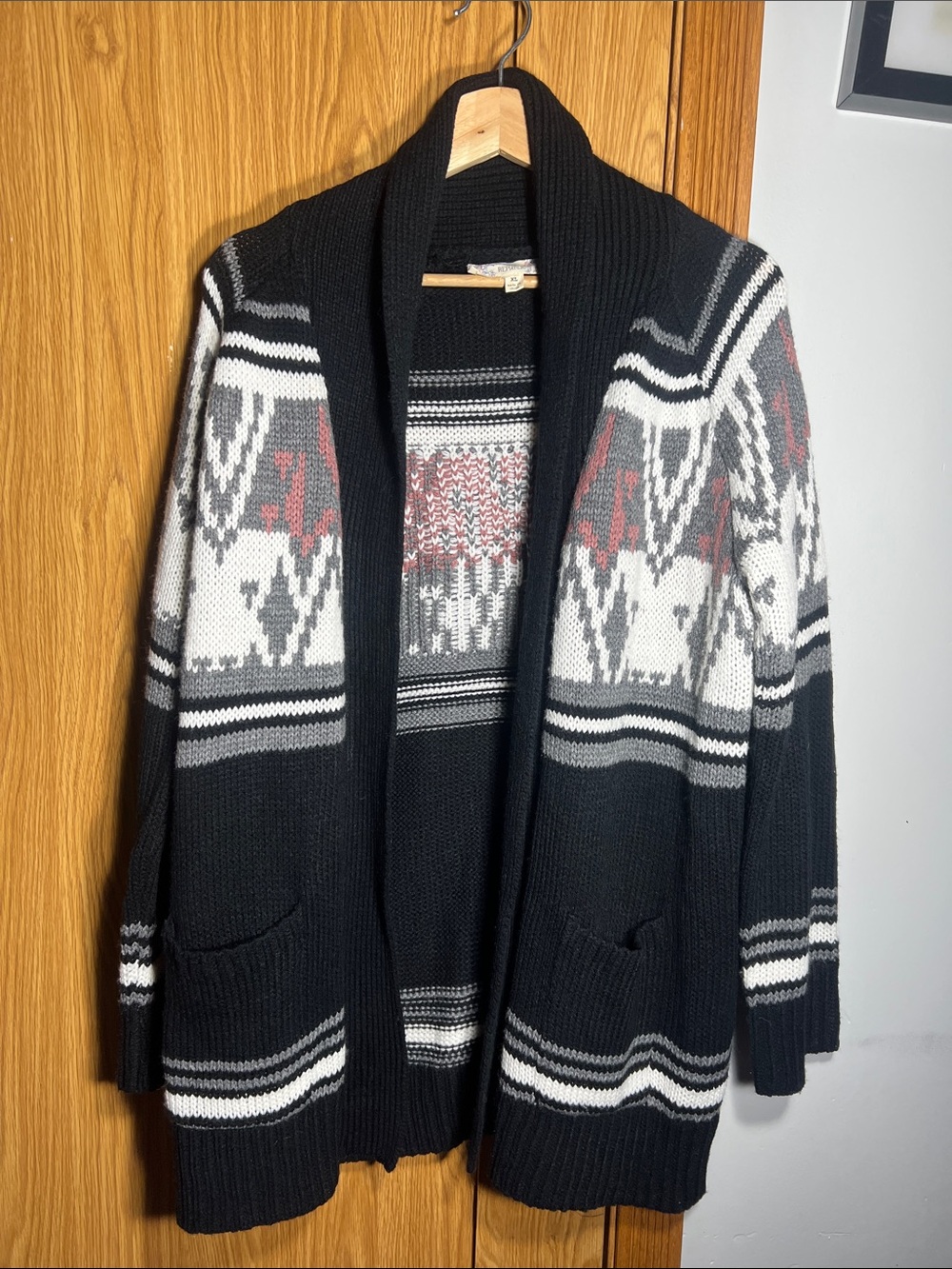 Pink Republic Black Cardigan with White, Gray & Red Pattern